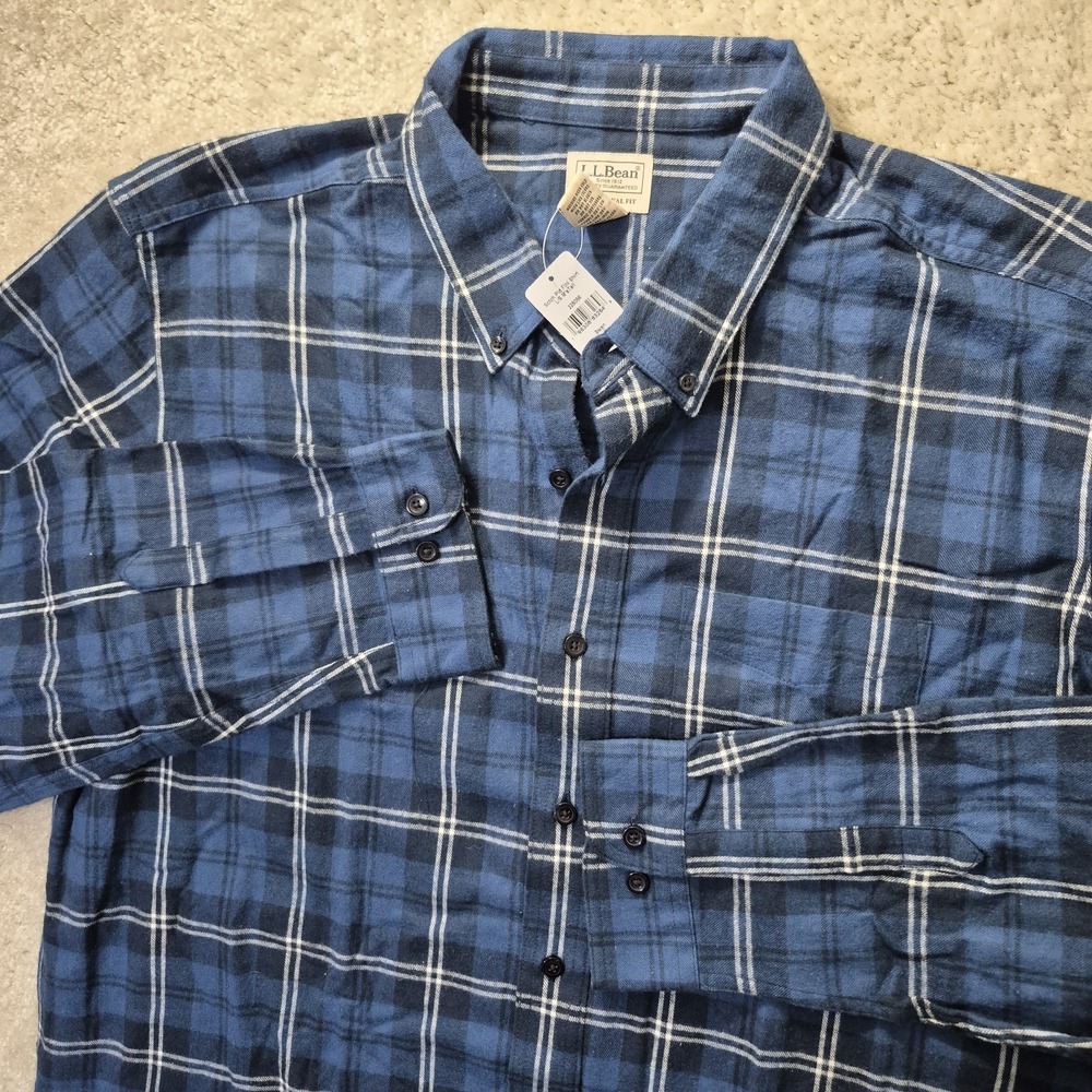 LL Bean Flannel Button Down Shirt Mens 2XLT Blue Scotch Plaid Outdoor Comfort